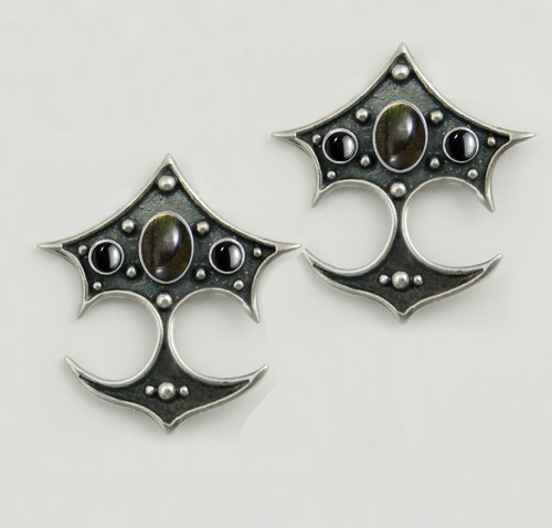 Sterling Silver Gothic Drop Dangle Earrings With Spectrolite And Hematite Sterling Silver Gothic Drop Dangle Earrings With Spectrolite And Hematite